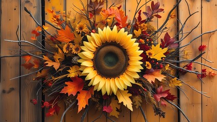 Autumnal Sunflower Wreath: A vibrant fall arrangement showcasing a large sunflower surrounded by autumn leaves, berries, and branches against a rustic wooden background.