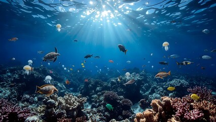Obraz premium Underwater fish scene with tropical coral reef sea turtles glowing jellyfish bubbles ocean sunlight deep sea marine background fantasy style