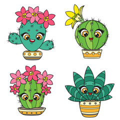 Cute cartoon different blooming cacti with flowers in a pots set on white background