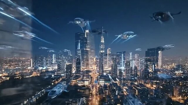 Futuristic city scene with highrise buildings and flying vehicles against a twilight sky