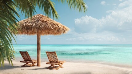 Obraz premium The serene beach scene with a thatched umbrella and loungers.