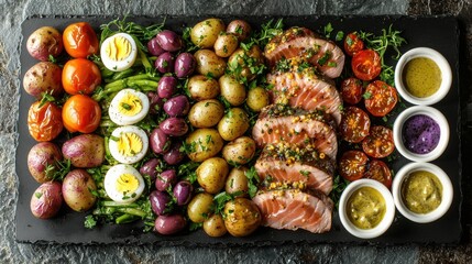 Healthy salad composition with sliced tuna, baby potatoes, tomatoes and fresh herbs beautifully presented on stone surface