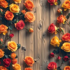 Rustic Wooden Background with Vibrant Orange and Red Roses