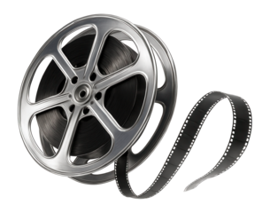 Close-up of a vintage film reel with unwinding film strip, illustrating traditional cinema and the history of filmmaking in a retro style.