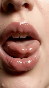 Intimate Close Up of a Woman's Pink Glossy Lips Teasingly Extends Tongue in a Studio Lighting Displaying Youthful Texture and Sensuality for Beauty and Cosmetics Advertising Optimized for Adobe Stock
