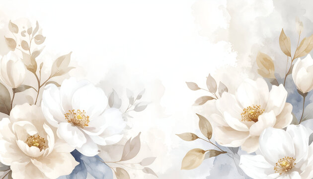 Fototapeta Delicate White and Beige Floral Watercolor Frame with Dusty Blue Accents