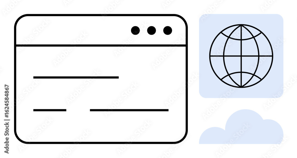 Poster web browser outline with navigation elements, globe icon, and cloud. ideal for technology, internet,