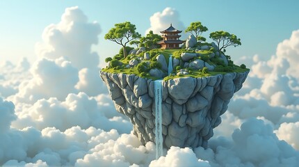 A green-topped floating island with ancient structures