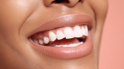 Obraz premium The radiant smile of a woman showcasing perfect teeth and lips.