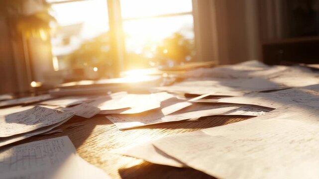 Workplace papers on table with sunlight and window creating a warm and focused atmosphere