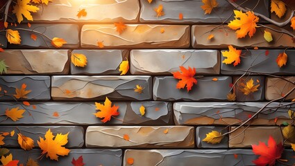 Autumnal Brick Wall with Falling Leaves