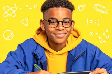 x-default Smiling schoolboy using tablet pc