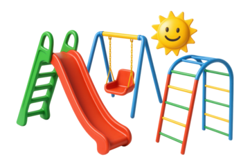Brightly colored playground set with a slide, swing, and climbing frame, featuring a cheerful smiling sun decoration, ideal for children's play area concepts.