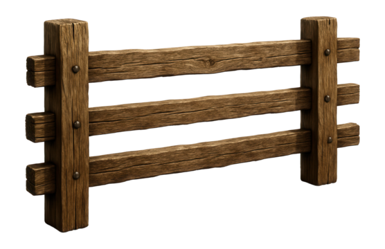 Wooden fence segment displaying rustic texture and natural wood grain, featuring horizontal beams supported by vertical posts with visible bolts.