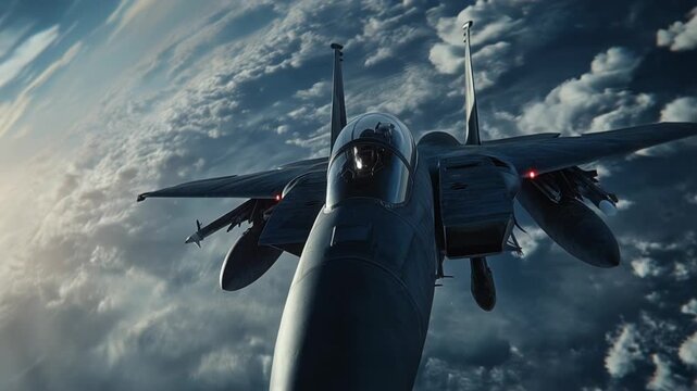 Fighter Jet Soaring Above Clouds with Sun in Background