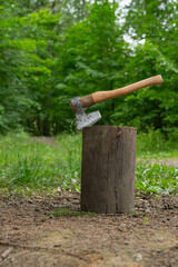 huge axe is stuck into a stump in a green forest - close-up