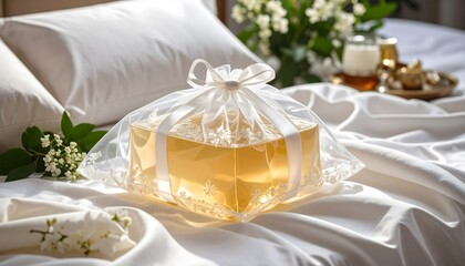 Amber Jelly Pouches with Lace Trim on a Silky Fabric

