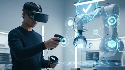 Man uses VR headset to interact with a robotic arm surrounded by digital interface elements - Powered by Adobe
