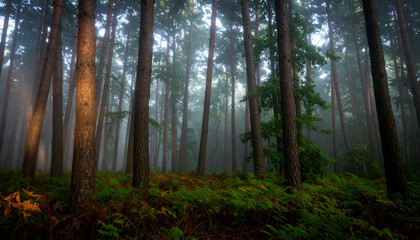 Enchanted Forest Dawn with Golden Light Beams and Lush Ferns