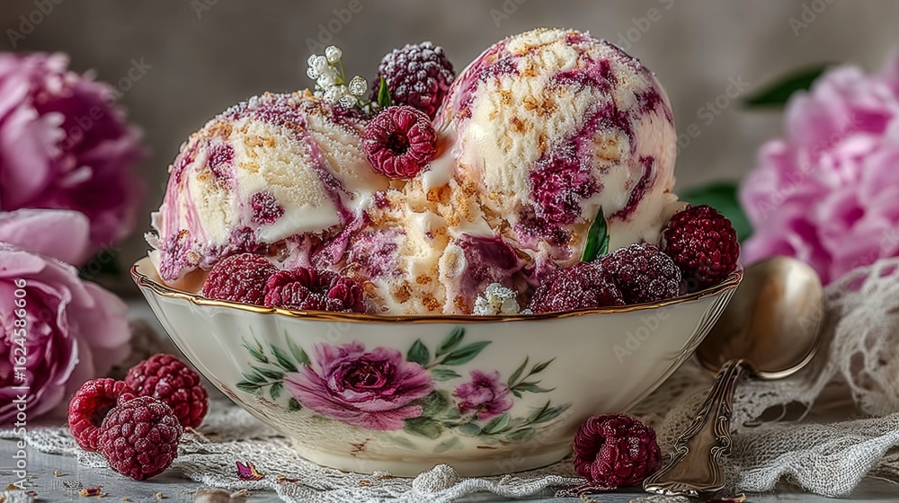 Poster a bowl of ice cream with raspberries on top. the bowl is white and has a floral design. the raspberr