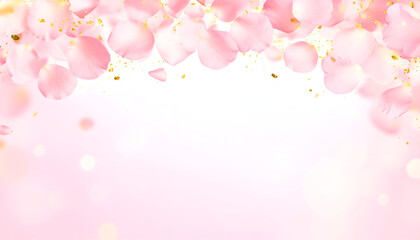 Ethereal Cascade of Pink Rose Petals and Glistening Gold Confetti