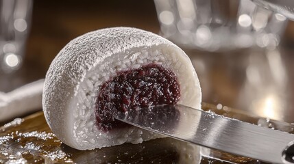 Mochi dessert variety close-up macro shot of daifuku cut with sharp knife showing sweet red bean paste filling white rice flour exterior powdered surface
