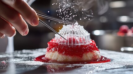 Professional pastry chef isomalt decoration positioning crystalline cage over gourmet raspberry dessert with precision tweezers in luxury restaurant