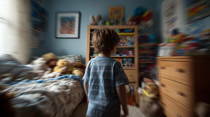 young boy is captured standing in a colorful bedroom surrounded by an abundance of toys, expressing a sense of wonder and nostalgia in a warm and dramatic atmosphere.