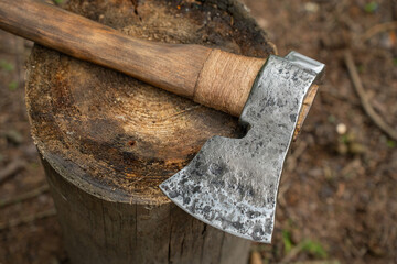 Swedish axe in green forest - close up.