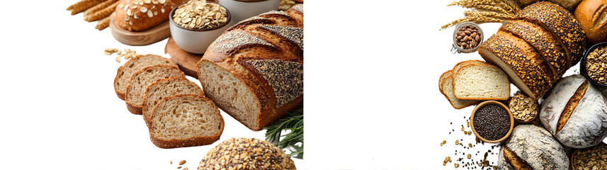 whole grain bread and sliced pieces isolated on a transparent background