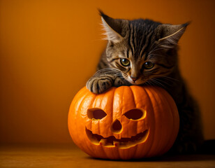 A cute tabby kitten with green eyes rests its paws on a carved jack-o'-lantern against an orange background. A charming and festive image for Halloween and autumn themes.