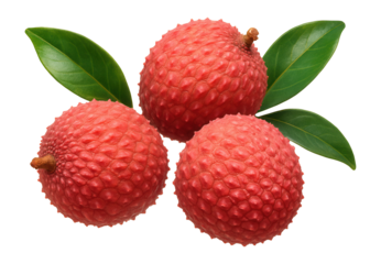 Three ripe lychees with textured pink skin are accompanied by vibrant green leaves, showcasing the exotic fruit's natural appeal on a white background.