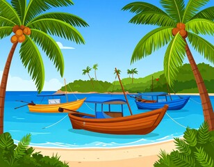 vector illustration of Tropical coastline landscape with colorful fishing boats, palm trees
