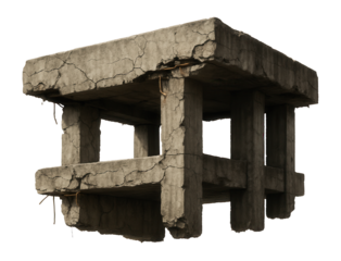 Cracked concrete structure depicting decay and deterioration, highlighting architectural vulnerability and structural failure in construction materials.