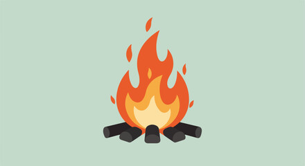 Campfire burns logs on a pale background. For camping, heating, and storytelling