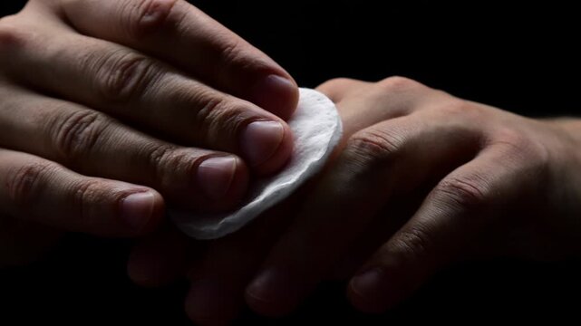 A man wipes his hands with a cotton swab and disinfects the problematic area on his hand.
Disinfection of hands and hygiene.
Hand treatment with alcohol solution or chlorhexidine
