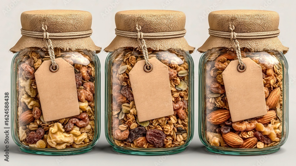 Poster three jars of nuts and raisins are lined up on a table. each jar has a tag on it