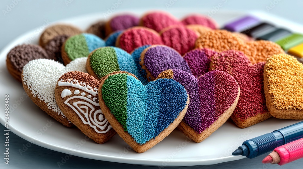 Poster a plate of colorful cookies with hearts on them. the cookies are decorated with icing and sprinkles,