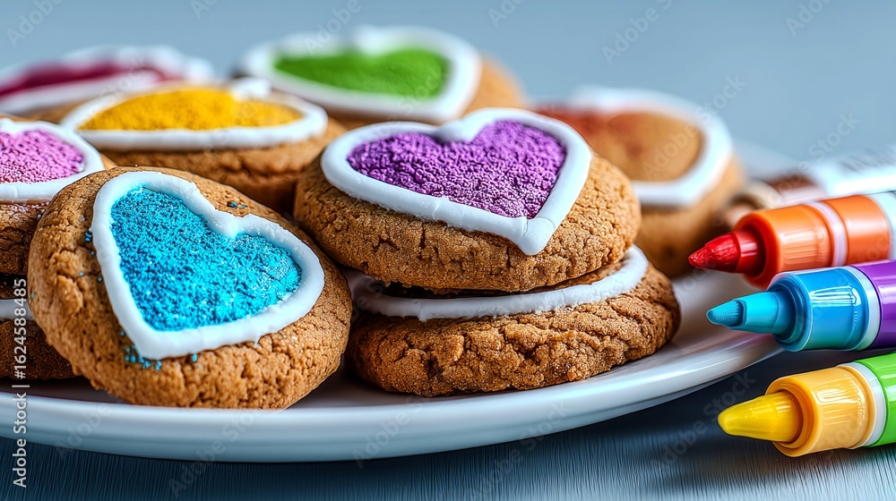Poster a plate of cookies with hearts on them and a set of markers next to them. the cookies are colorful a
