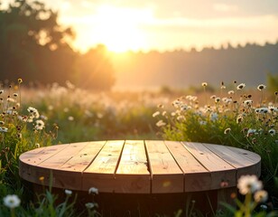Fototapeta premium Round wooden table in a field at sunrise