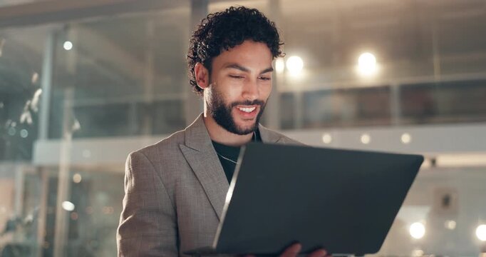 Business, man or typing on laptop in office for trade execution, brokerage account or data analysis. Night trader, employee and happy with tech for reading market trends, currency price and overtime - Powered by Adobe