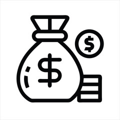 Minimalist Money Bag Outline Vector Icon - Modern Finance & Wealth Symbol on white background 