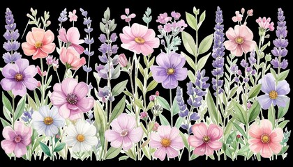 Delicate watercolor floral border with lavender and soft pink blossoms on black background