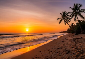 Golden sunset over a tropical beach.