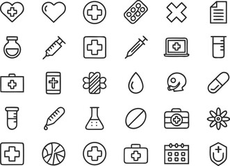 Collection of minimal black and white medical and healthcare line icons symbol
