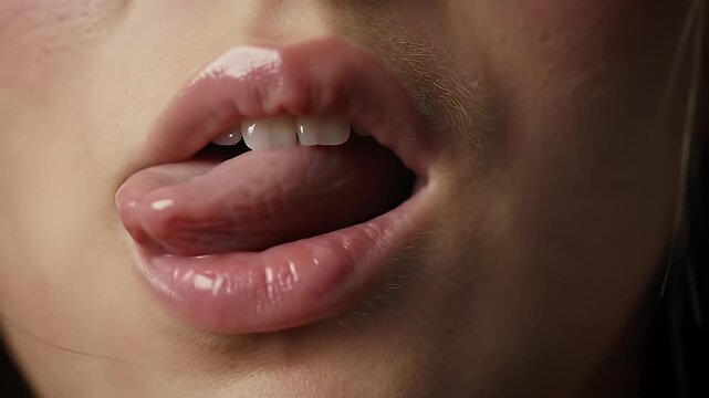 Macro Slow Motion Study of a Woman's Glossy Lips and Tongue on Neutral Backdrop Detailed Close Up Capturing Texture Expression and Sensory Movement Perfect for Beauty Advertising and Allure Themes