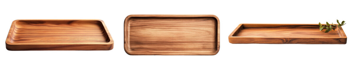 wooden trays set isolated on white background