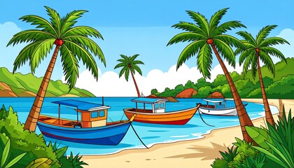 vector illustration of Tropical coastline landscape with colorful fishing boats, palm trees