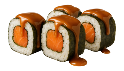 Four sushi rolls with salmon, wrapped in seaweed and rice, topped with a generous drizzle of caramel-like sauce, isolated on a white background.