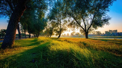 Fototapeta premium Lush green grass alongside a tree-lined path at sunrise.
